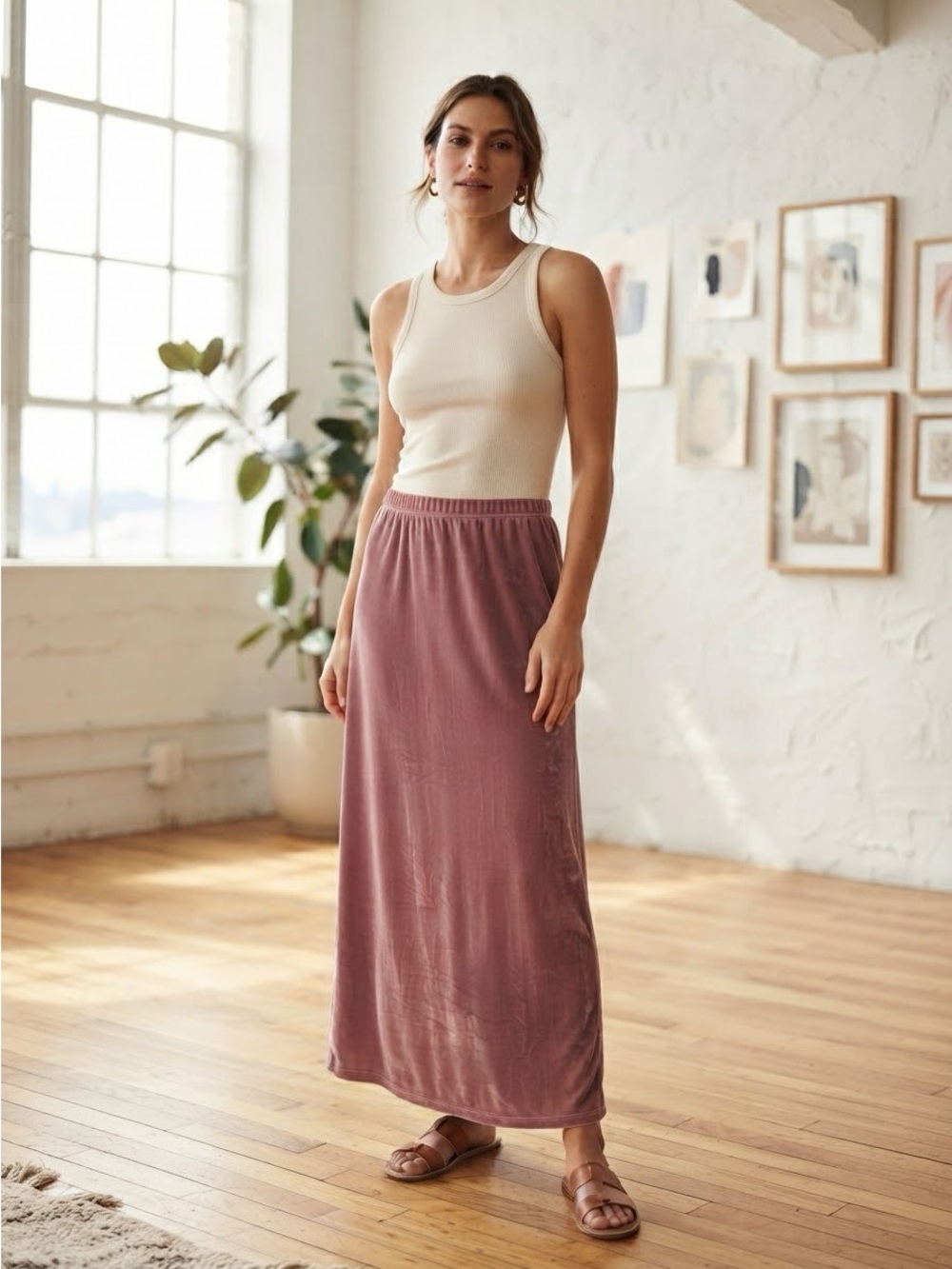 CityKnits Dusty Pink Pull-On Maxi Skirt Size Medium Travel Friendly